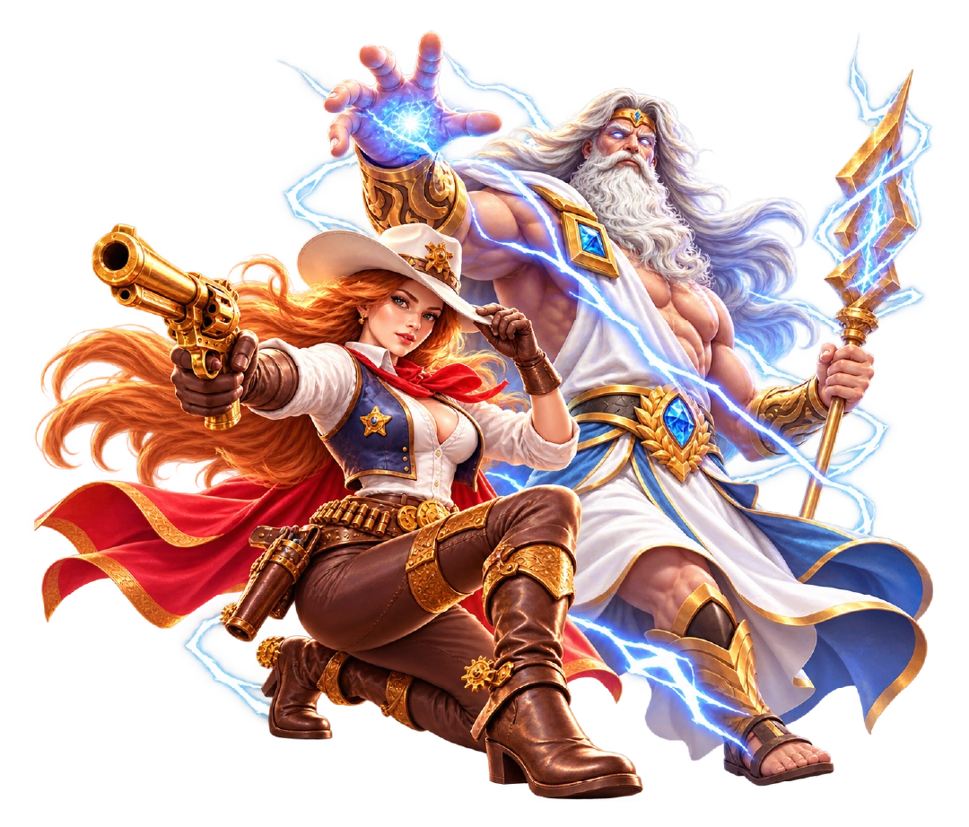 Lucky365 Zeus and cowgirl gunslinger slot game characters with lightning effects
